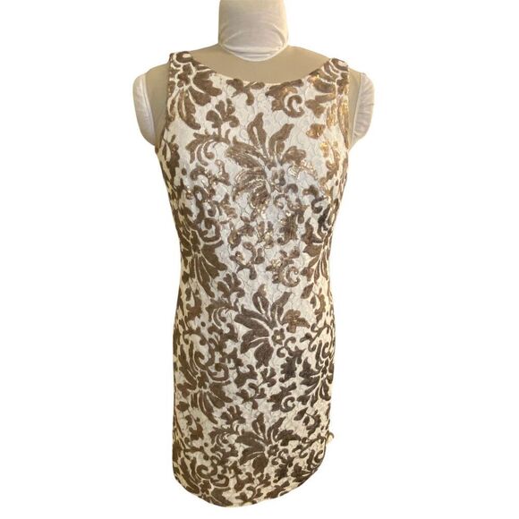 Lauren Ralph Lauren Ivory Lace Gold Sequin Cocktail Dress Sz. 10 - Picture 1 of 11